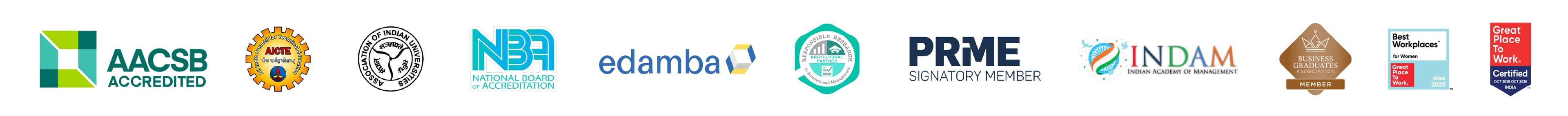 Accreditations - AACSB, AICTE, NBA, edamba, PRME, INDAM, Great Place to Work